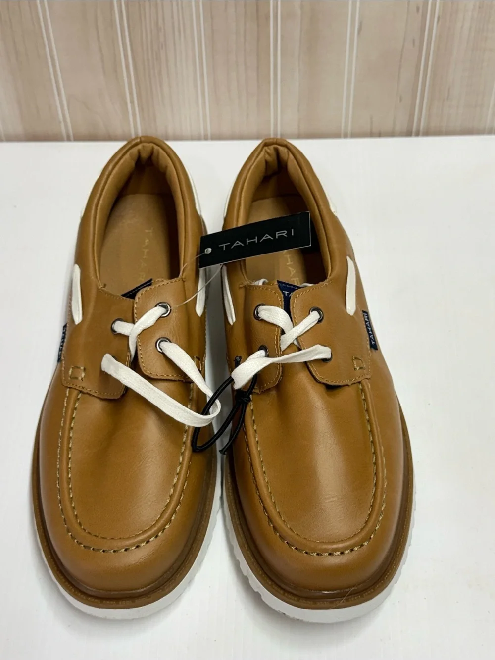 Tahari Men’s Brown Leather Boat Shoes with White Accents